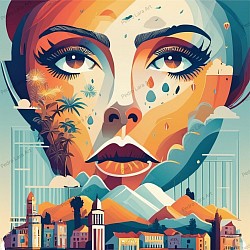 Paisaje Emocional Urbano: Retrato Surrealista entre Lágrimas y Montañas-Ref: 43069123